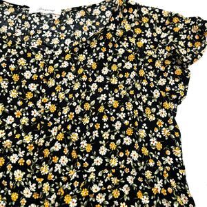 PASSPORT 2X Black Yellow‎ Ditsy Floral Short Flutter sleeve Babydoll Midi Dress